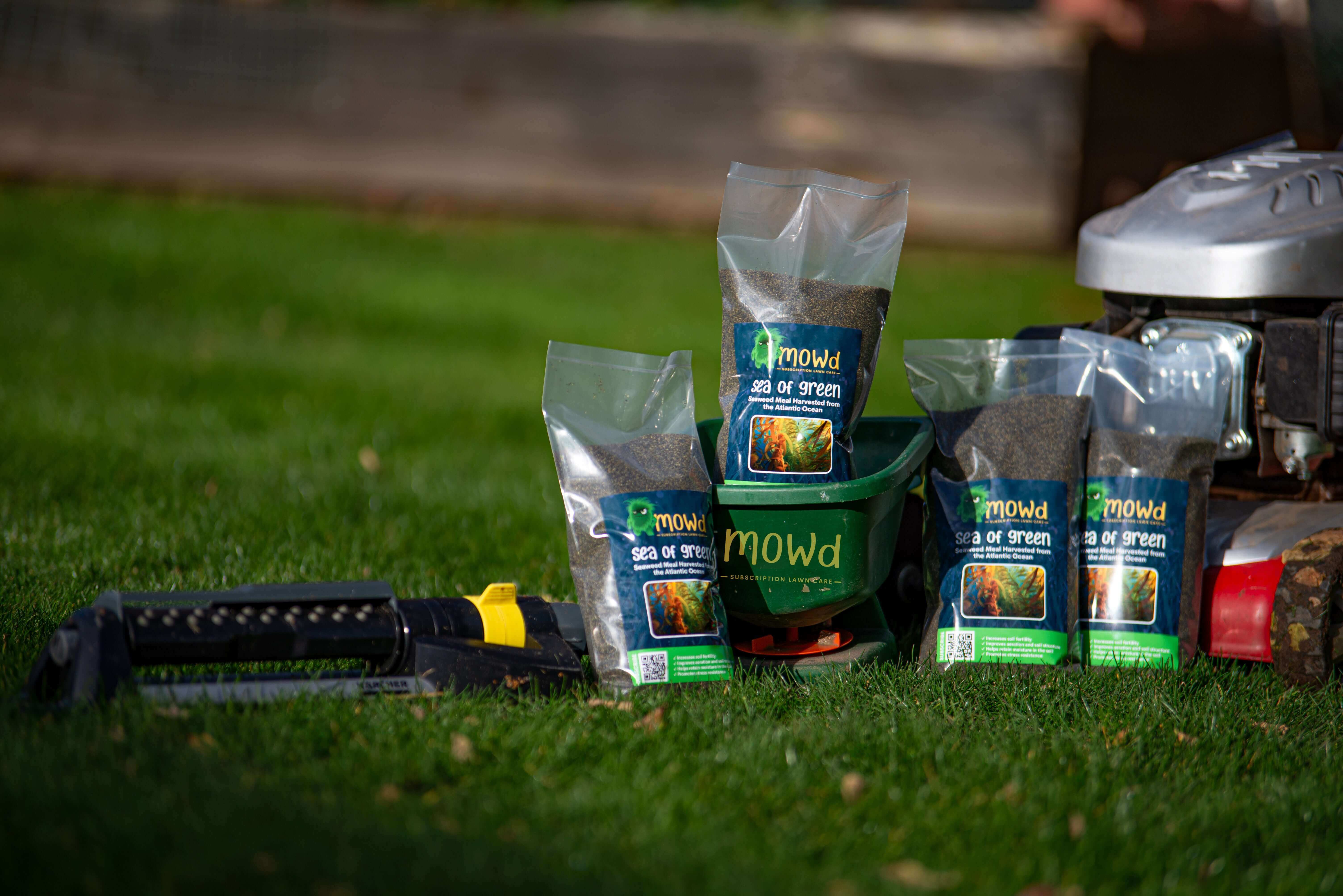 Mowd's Sea of Green products on well kept garden grass with a hand fertiliser spreader and cobra lawn mower