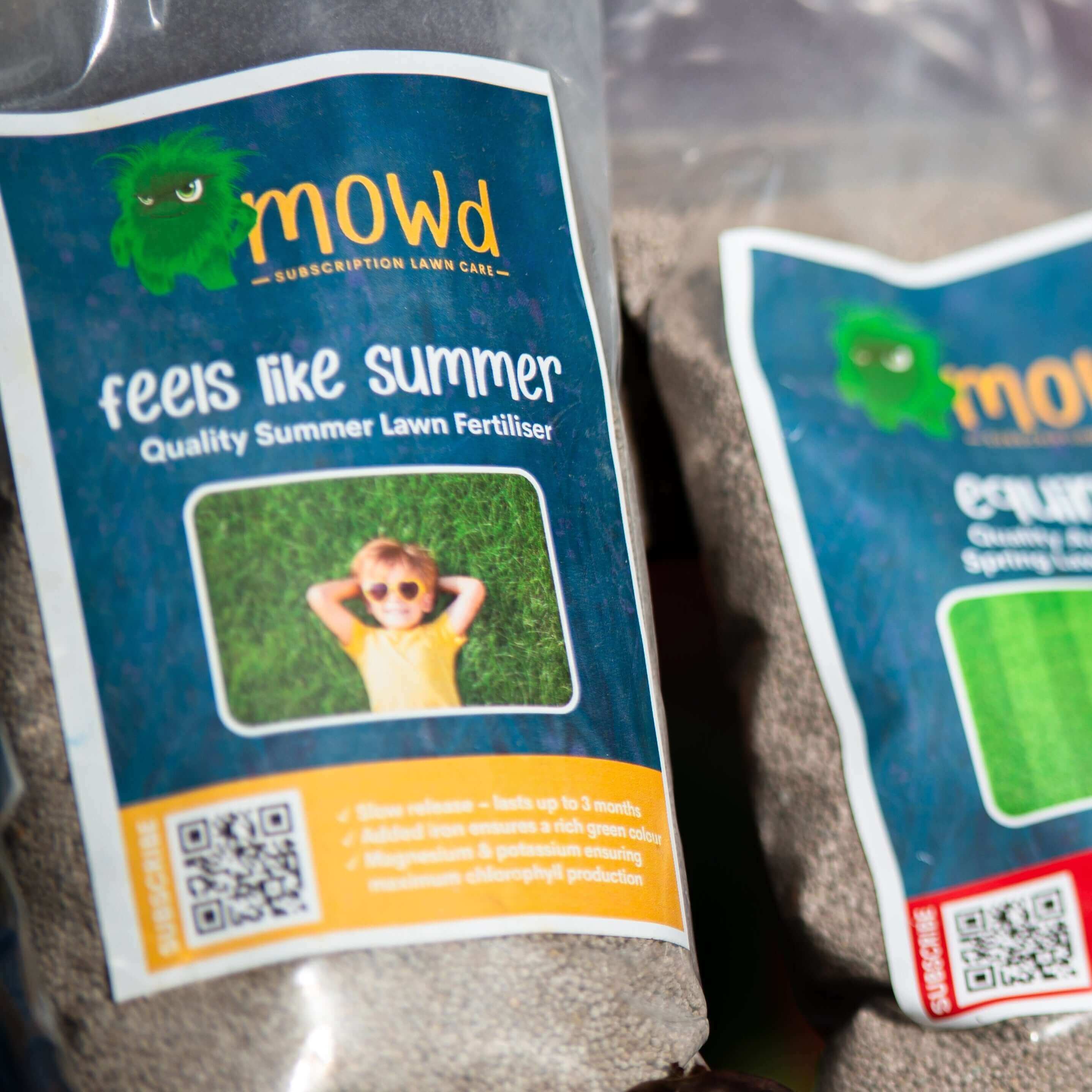 Mowd Equinox Feels Like Summer lawn fertiliser on a stack of product stock